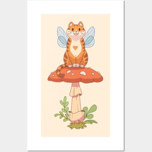 Fairy cat sitting in a mushroom Posters and Art